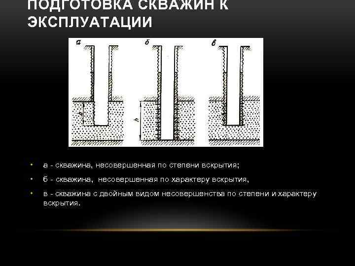 ПОДГОТОВКА СКВАЖИН К ЭКСПЛУАТАЦИИ • а - скважина, несовершенная по степени вскрытия; • б