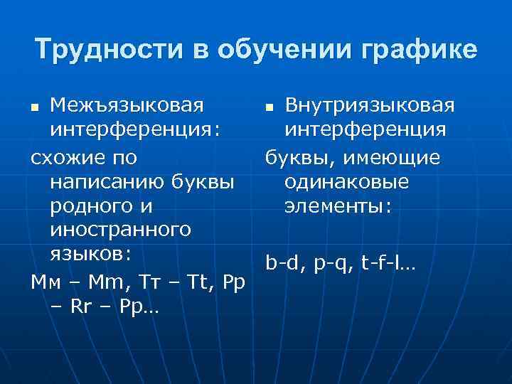 Трудности в обучении графике Межъязыковая интерференция: схожие по написанию буквы родного и иностранного языков:
