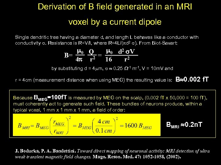 Derivation of B field generated in an MRI voxel by a current dipole Single