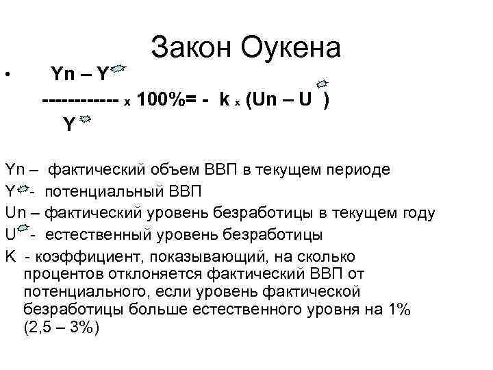 Закон Оукена • Yn – Y ------ x 100%= - k х (Un –