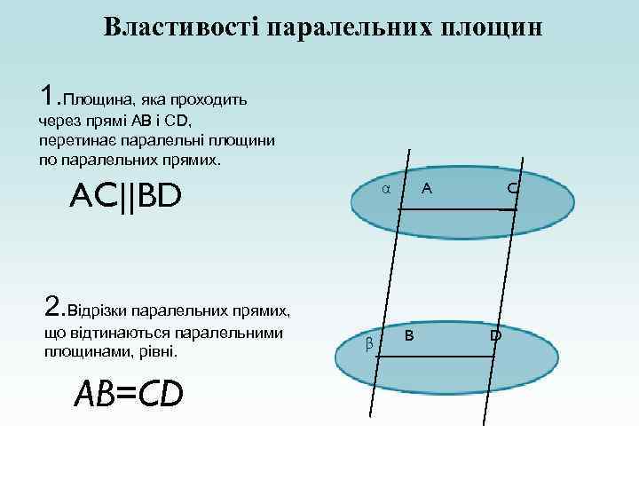 Властивості паралельних площин 1. Площина, яка проходить через прямі АВ і СD, перетинає паралельні