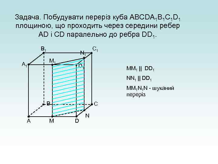 Задача. Побудувати переріз куба АВСDА 1 В 1 С 1 D 1 площиною, що