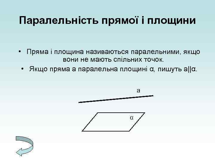 Паралельність прямої і площини • Пряма і площина називаються паралельними, якщо вони не мають