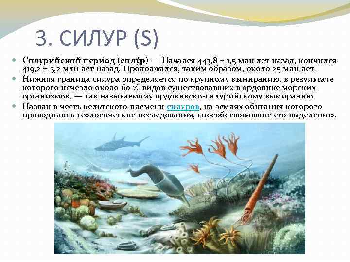 3. СИЛУР (S) Силури йский пери од (силу р) — Начался 443, 8 ±