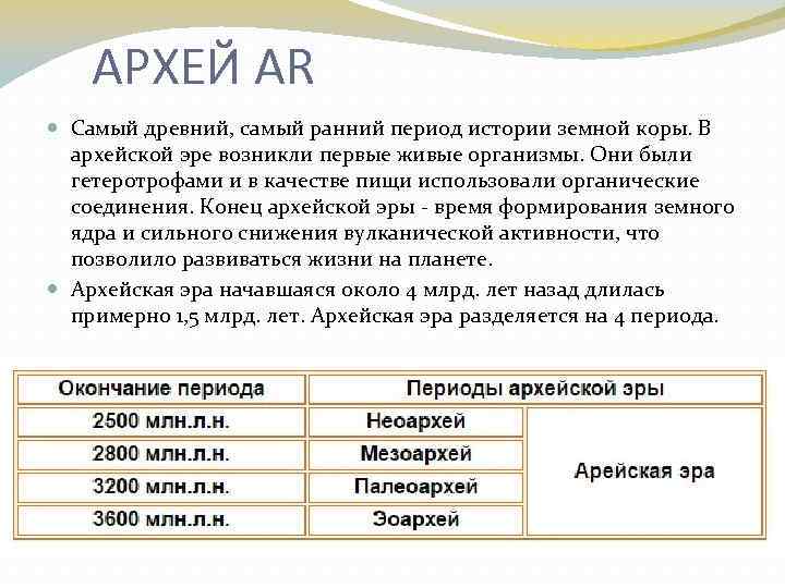 АРХЕЙ AR Самый древний, самый ранний период истории земной коры. В архейской эре возникли