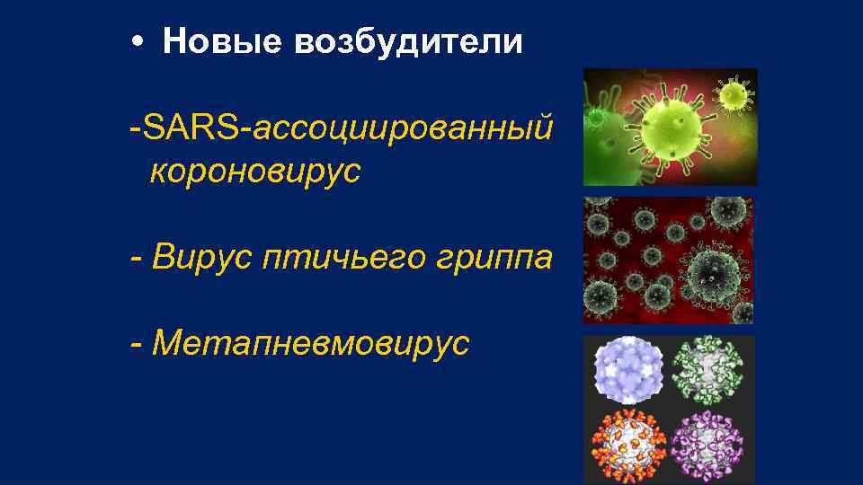  • Новые возбудители SARS-ассоциированный короновирус - Вирус птичьего гриппа - Метапневмовирус 