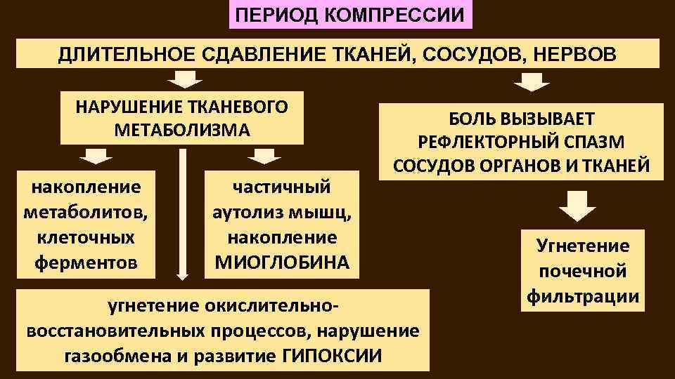 ПЕРИОД КОМПРЕССИИ ДЛИТЕЛЬНОЕ СДАВЛЕНИЕ ТКАНЕЙ, СОСУДОВ, НЕРВОВ НАРУШЕНИЕ ТКАНЕВОГО МЕТАБОЛИЗМА накопление метаболитов, клеточных ферментов