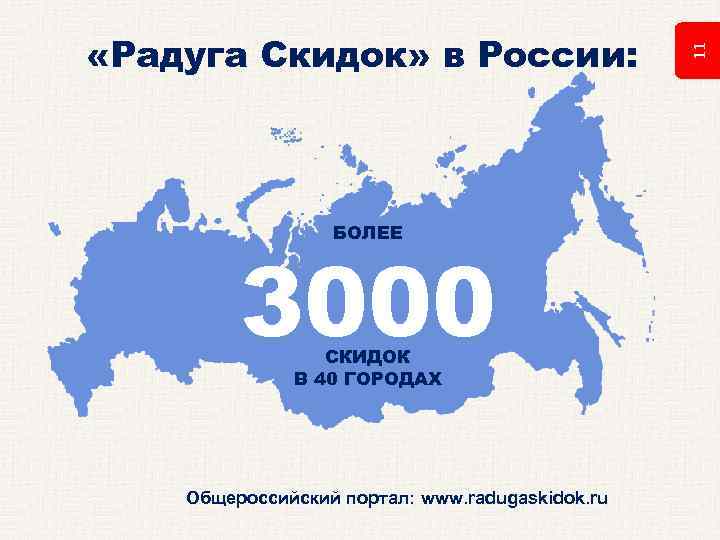 БОЛЕЕ 3000 СКИДОК В 40 ГОРОДАХ Общероссийский портал: www. radugaskidok. ru 11 «Радуга Скидок»