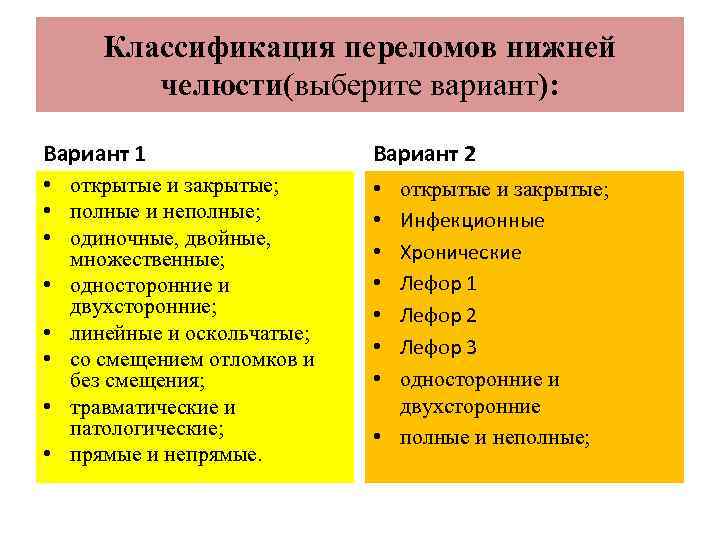 Классификация переломов нижней челюсти(выберите вариант): Вариант 1 Вариант 2 • открытые и закрытые; •