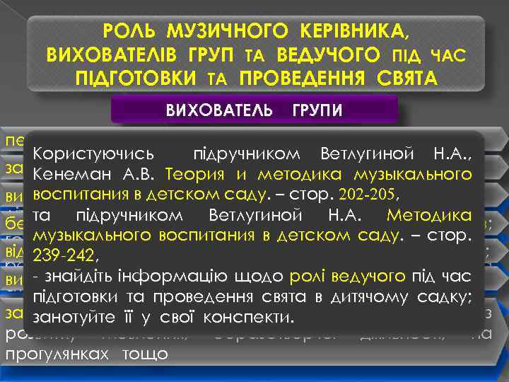 РОЛЬ МУЗИЧНОГО КЕРІВНИКА, ВИХОВАТЕЛІВ ГРУП ТА ВЕДУЧОГО ПІД ЧАС ПІДГОТОВКИ ТА ПРОВЕДЕННЯ СВЯТА МУЗИЧНИЙ