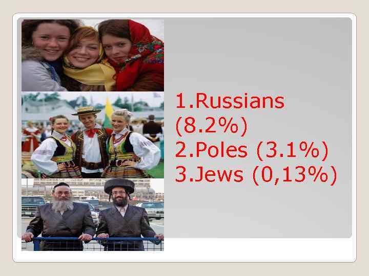 1. Russians (8. 2%) 2. Poles (3. 1%) 3. Jews (0, 13%) 