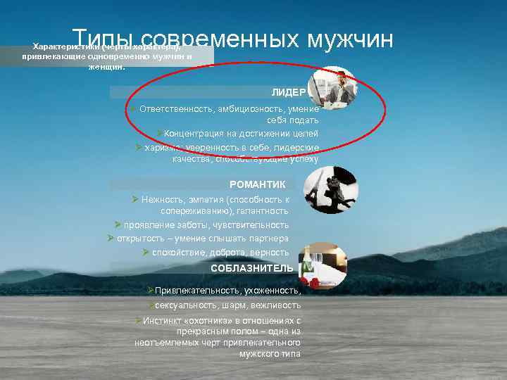 Типы современных мужчин Характеристики (черты характера), привлекающие одновременно мужчин и женщин. ЛИДЕР Ø Ответственность,