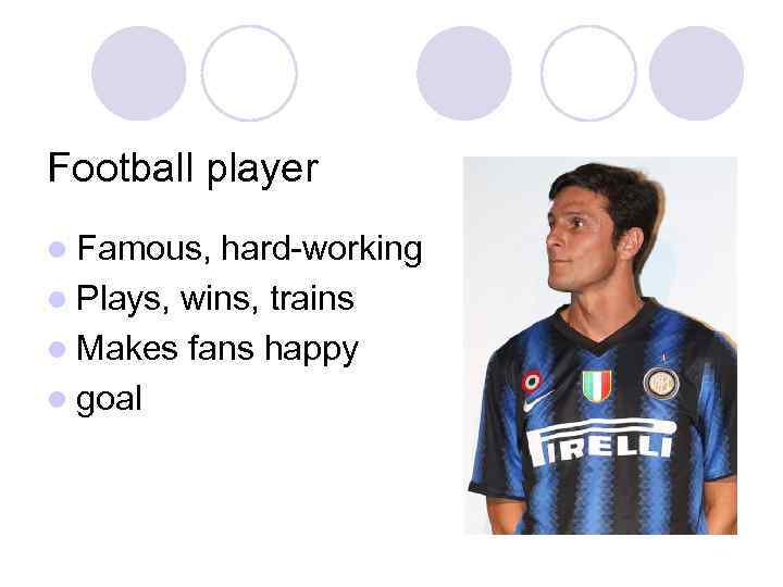 Football player l Famous, hard-working l Plays, wins, trains l Makes fans happy l