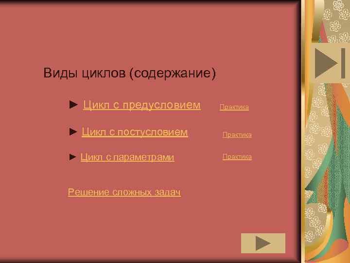 Виды циклов (содержание) ► Цикл с предусловием Практика ► Цикл с постусловием Практика ►
