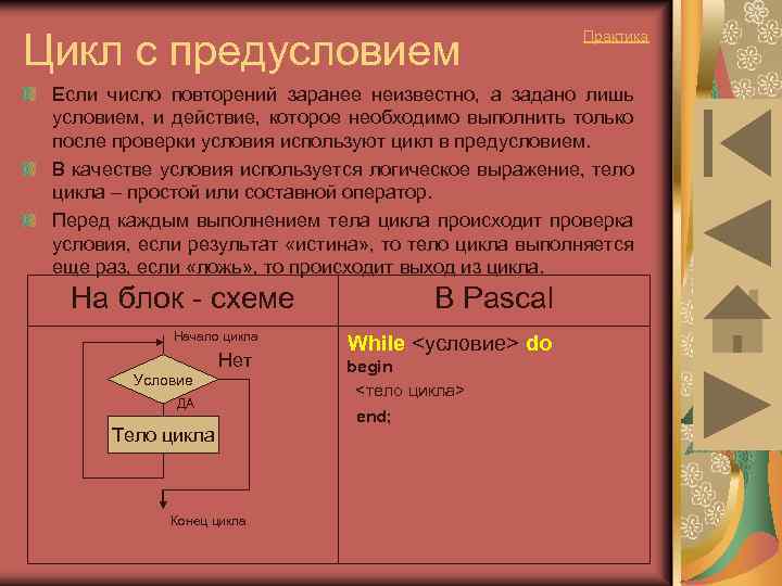 Цикл с предусловием Практика Если число повторений заранее неизвестно, а задано лишь условием, и