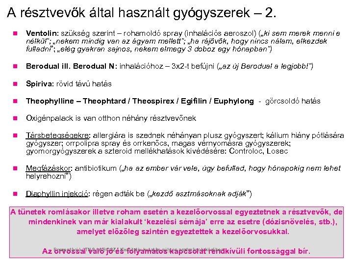 A résztvevők által használt gyógyszerek – 2. n Ventolin: szükség szerint – rohamoldó spray