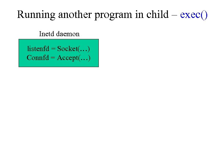 Running another program in child – exec() Inetd daemon listenfd = Socket(…) Connfd =