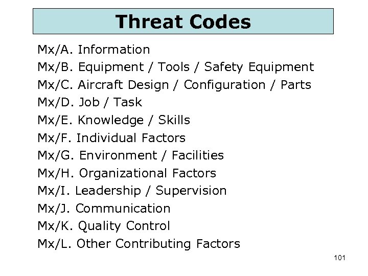 Threat Codes Mx/A. Information Mx/B. Equipment / Tools / Safety Equipment Mx/C. Aircraft Design