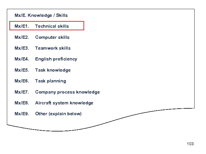 Mx/E. Knowledge / Skills Mx/E 1. Technical skills Mx/E 2. Computer skills Mx/E 3.