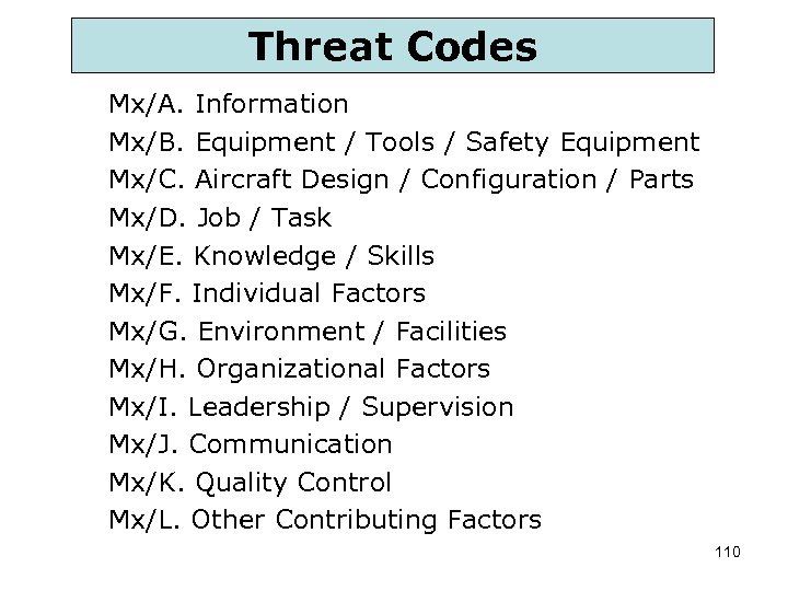 Threat Codes Mx/A. Information Mx/B. Equipment / Tools / Safety Equipment Mx/C. Aircraft Design