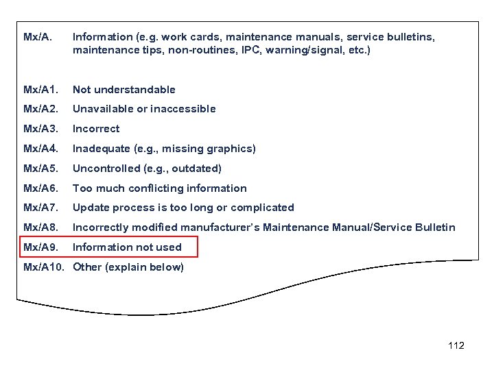 Mx/A. Information (e. g. work cards, maintenance manuals, service bulletins, maintenance tips, non-routines, IPC,