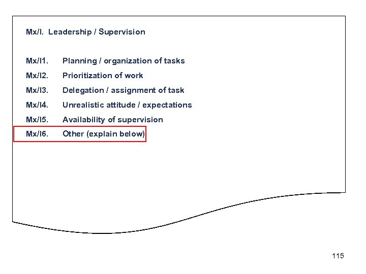 Mx/I. Leadership / Supervision Mx/I 1. Planning / organization of tasks Mx/I 2. Prioritization