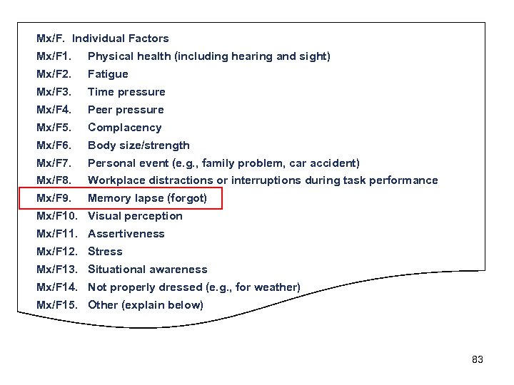 Mx/F. Individual Factors Mx/F 1. Physical health (including hearing and sight) Mx/F 2. Fatigue