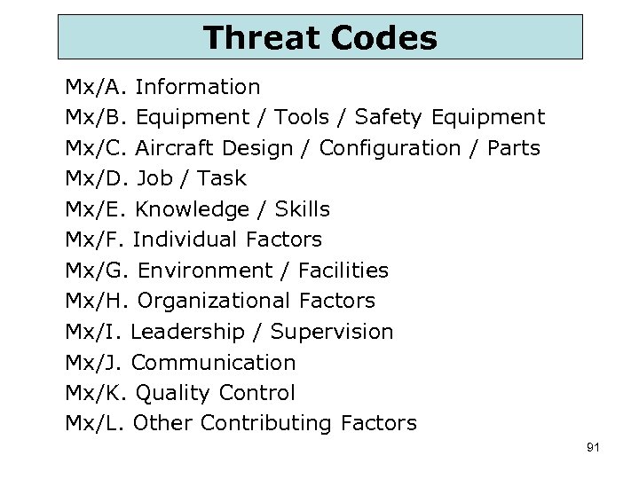 Threat Codes Mx/A. Information Mx/B. Equipment / Tools / Safety Equipment Mx/C. Aircraft Design
