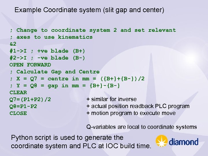 Example Coordinate system (slit gap and center) ; Change to coordinate system 2 and
