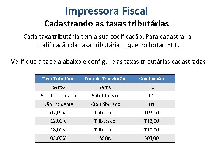 Impressora Fiscal Cadastrando as taxas tributárias Cada taxa tributária tem a sua codificação. Para