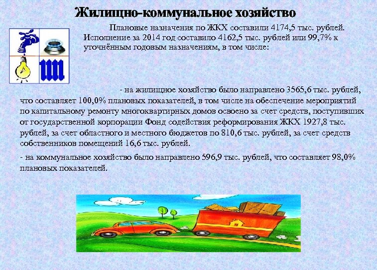 Жилищно-коммунальное хозяйство Плановые назначения по ЖКХ составили 4174, 5 тыс. рублей. Исполнение за 2014