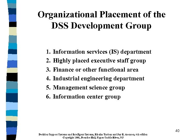Organizational Placement of the DSS Development Group 1. 2. 3. 4. 5. 6. Information