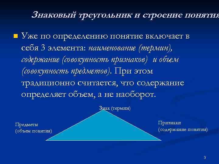 Знаковый треугольник и строение понятия n Уже по определению понятие включает в себя 3