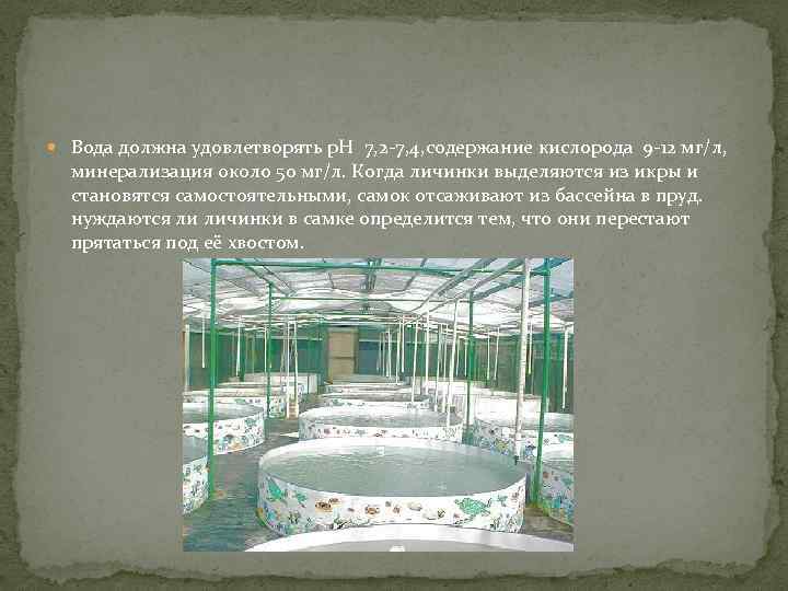  Вода должна удовлетворять p. H 7, 2 -7, 4, содержание кислорода 9 -12