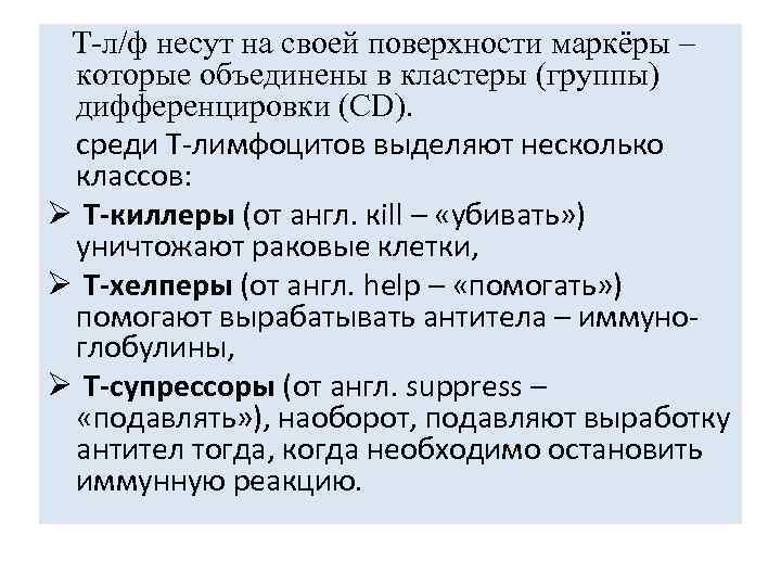  Т-л/ф несут на своей поверхности маркёры – которые объединены в кластеры (группы) дифференцировки