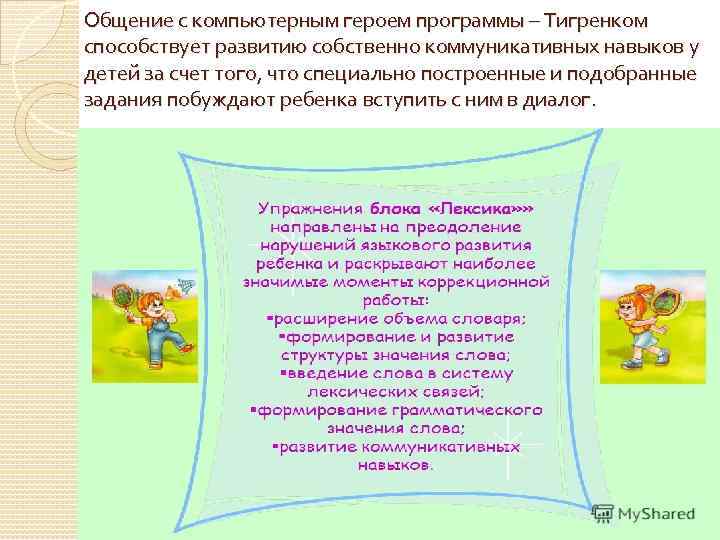 Общение с компьютерным героем программы – Тигренком способствует развитию собственно коммуникативных навыков у детей