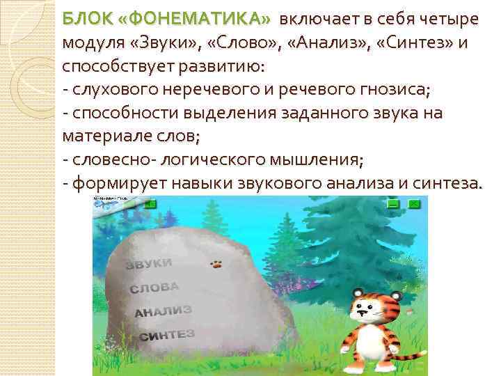 БЛОК «ФОНЕМАТИКА» включает в себя четыре модуля «Звуки» , «Слово» , «Анализ» , «Синтез»