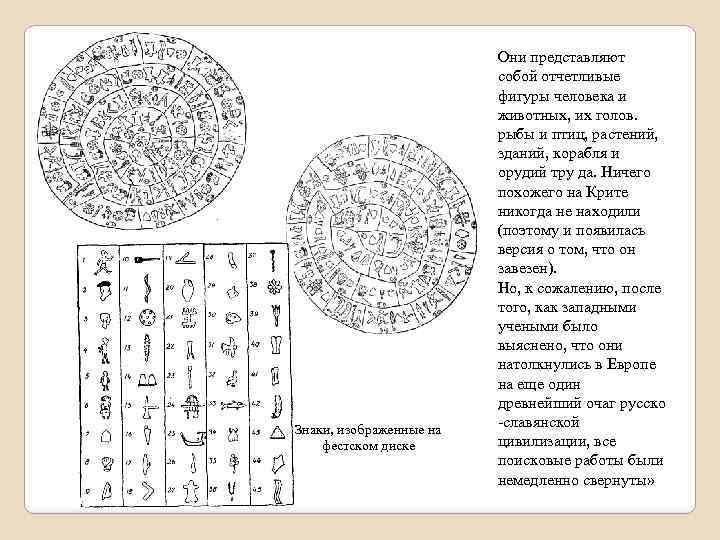 Знаки, изображенные на фестском диске Они представляют собой отчетливые фигуры человека и животных, их