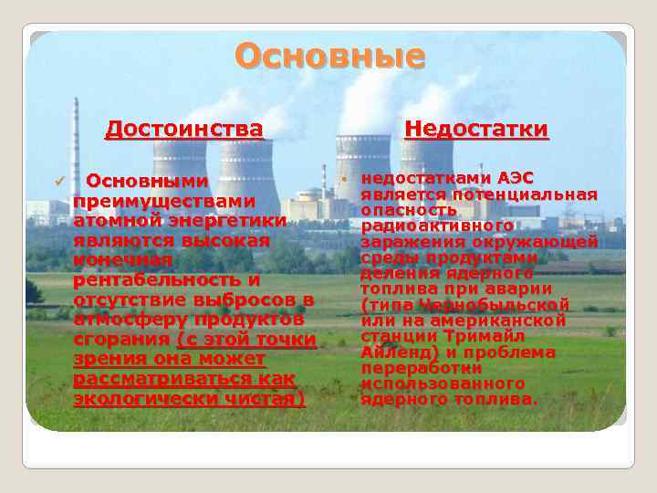 Основные Достоинства ü Основными преимуществами атомной энергетики являются высокая конечная рентабельность и отсутствие выбросов