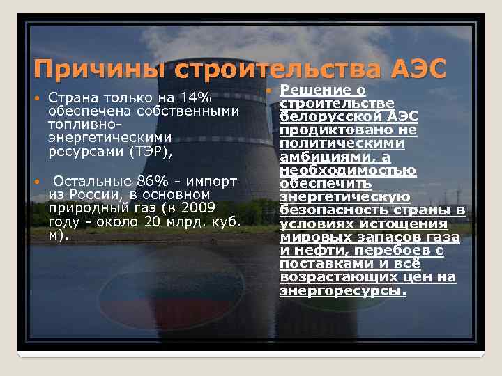 Причины строительства АЭС Страна только на 14% обеспечена собственными топливноэнергетическими ресурсами (ТЭР), Остальные 86%