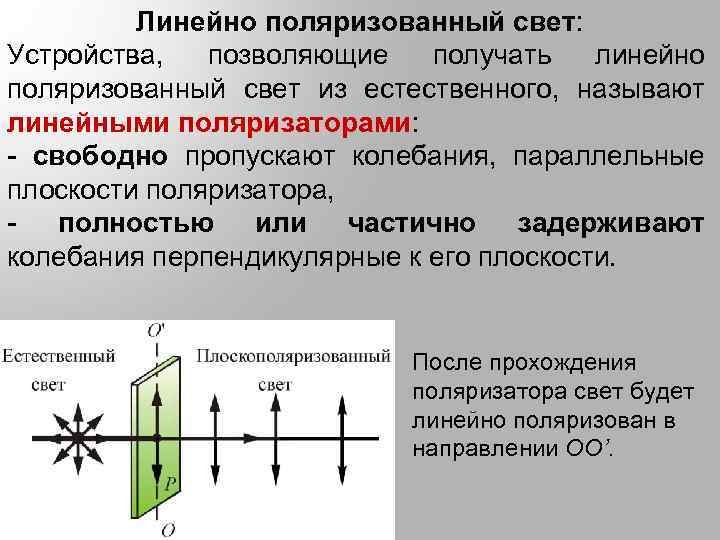 Линейно поляризованный свет: Устройства, позволяющие получать линейно поляризованный свет из естественного, называют линейными поляризаторами: