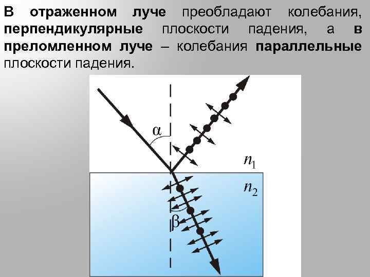 В отраженном луче преобладают колебания, перпендикулярные плоскости падения, а в преломленном луче – колебания