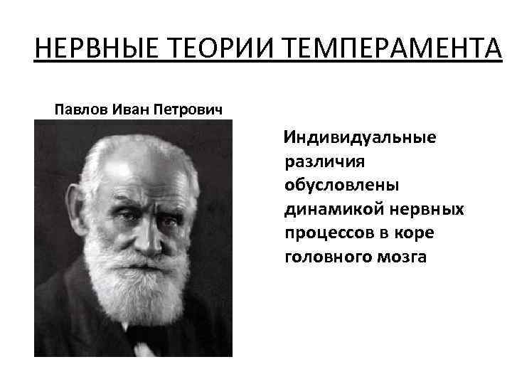 НЕРВНЫЕ ТЕОРИИ ТЕМПЕРАМЕНТА Павлов Иван Петрович Индивидуальные различия обусловлены динамикой нервных процессов в коре