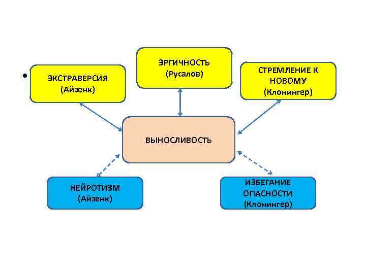 . • . ЭКСТРАВЕРСИЯ (Айзенк) ЭРГИЧНОСТЬ (Русалов) СТРЕМЛЕНИЕ К НОВОМУ (Клонингер) ВЫНОСЛИВОСТЬ НЕЙРОТИЗМ (Айзенк)