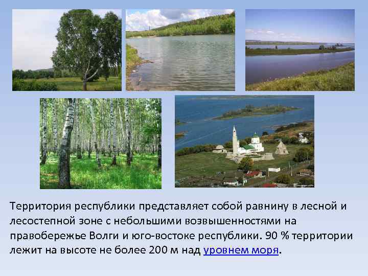Территория республики представляет собой равнину в лесной и лесостепной зоне с небольшими возвышенностями на