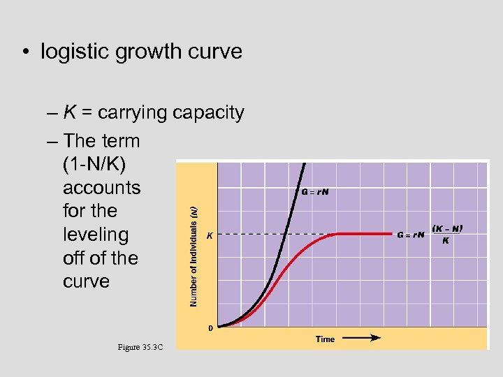  • logistic growth curve – K = carrying capacity – The term (1