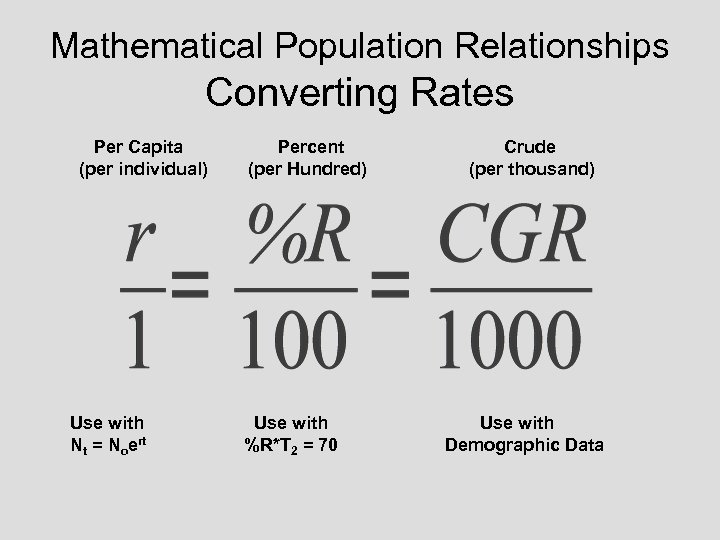 Mathematical Population Relationships Converting Rates Per Capita (per individual) Use with Nt = Noert
