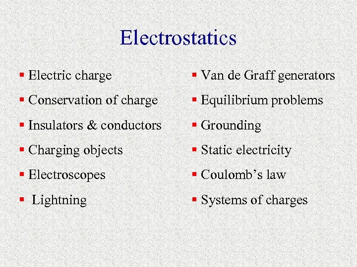 Electrostatics § Electric charge § Van de Graff generators § Conservation of charge §