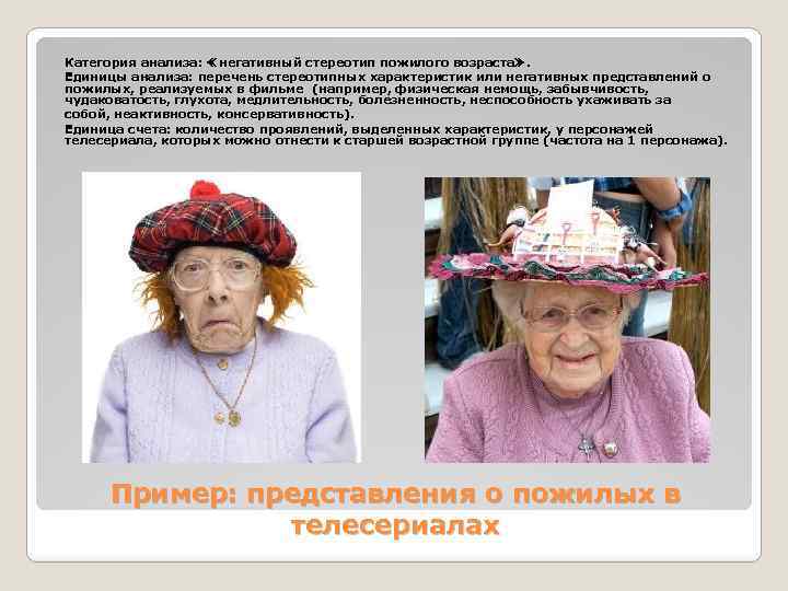 Категория анализа: ≪негативный стереотип пожилого возраста≫. Единицы анализа: перечень стереотипных характеристик или негативных представлений