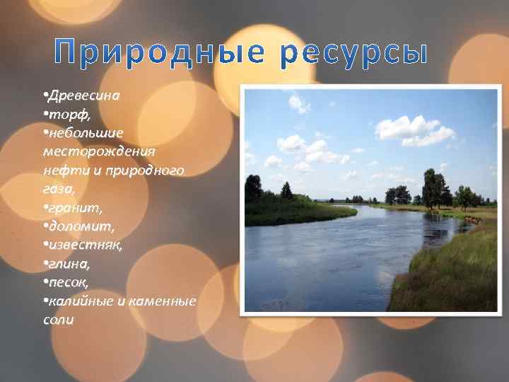  • Древесина • торф, • небольшие месторождения нефти и природного газа, • гранит,